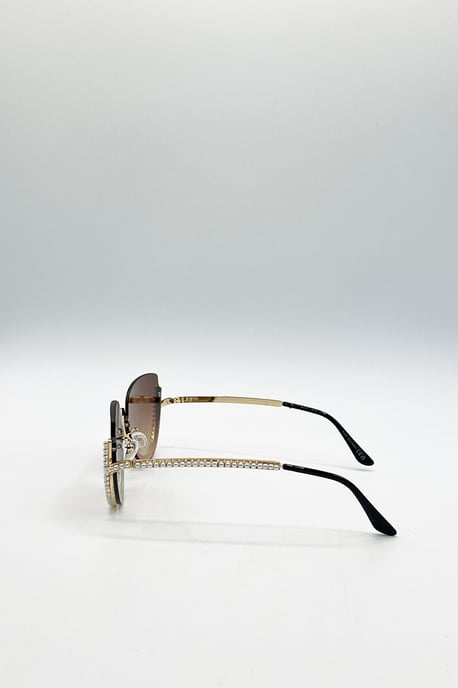 Upper Rimless Pearl Sunglasses in Gold Brown - Image 4
