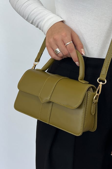 Small Crossbody Hard Top Handle Bag in Olive - Image 4
