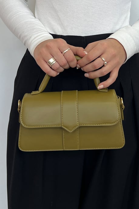 Small Crossbody Hard Top Handle Bag in Olive - Image 5