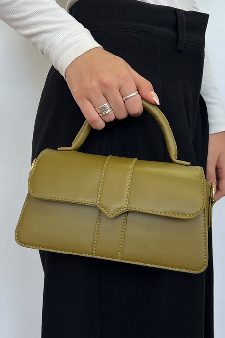 Small Crossbody Hard Top Handle Bag in Olive - Image 6