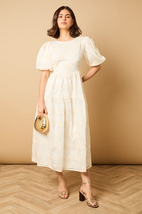 Floral Embroidered Puff Sleeve Midi Dress - Image 1