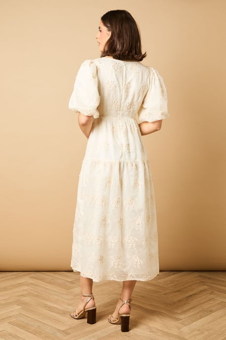 Floral Embroidered Puff Sleeve Midi Dress - Image 3