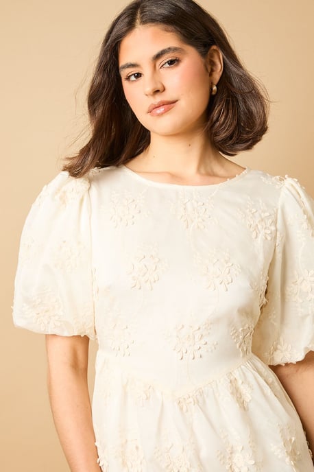 Floral Embroidered Puff Sleeve Midi Dress - Image 4