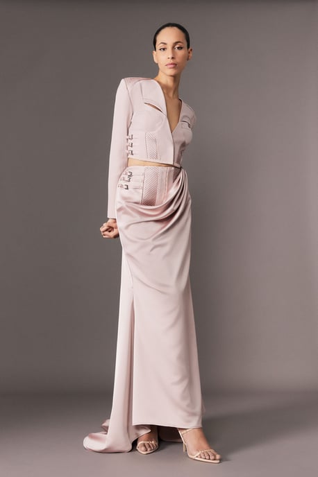 Archive Collection - Tailored Satin Drape Corset Detail Fishtail Maxi Skirt - Image 2