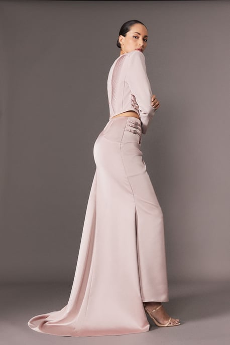 Archive Collection - Tailored Satin Drape Corset Detail Fishtail Maxi Skirt - Image 5