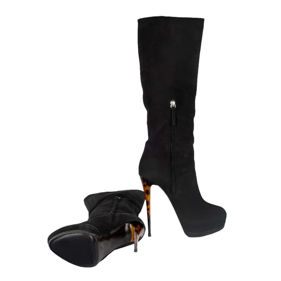 Black Suede Boots with Animal Print Heels - '20s - Image 4