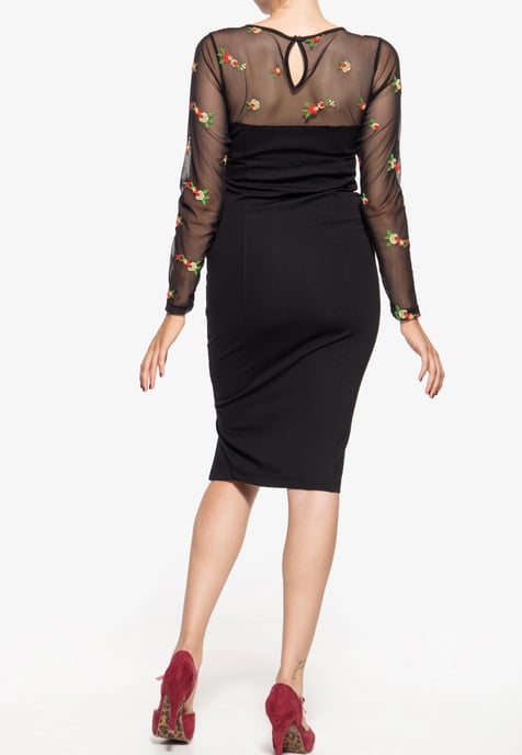 Queen Kerosin Damen Mesh Bleistiftkleid mit Rosen-Stickerei schwarz - Image 2