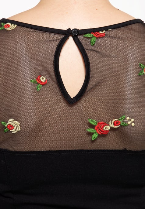 Queen Kerosin Damen Mesh Bleistiftkleid mit Rosen-Stickerei schwarz - Image 4