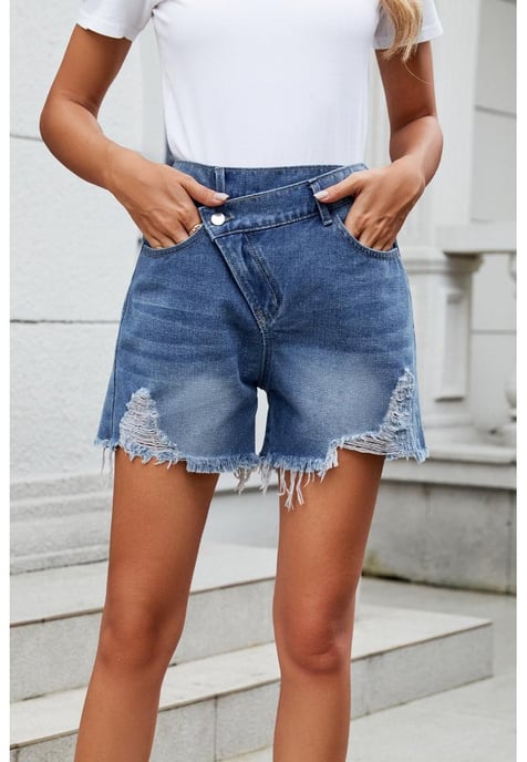 Women's Distressed Raw Hem Asymmetric Waist Denim Shorts - Image 1