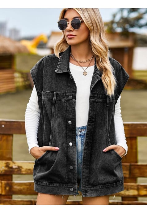 Women's Button Up Collared Neck Sleeveless Denim Jacket - Image 1