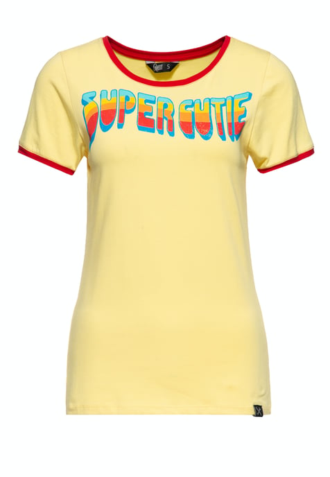 Queen Kerosin Damen Vintage Ringer T-Shirt Super Cutie zartgelb - Image 1