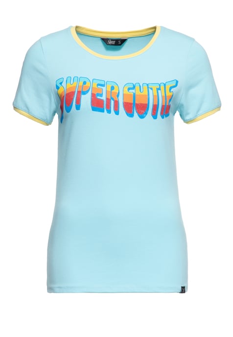 Queen Kerosin Damen Vintage Ringer T-Shirt Super Cutie grün - Image 1