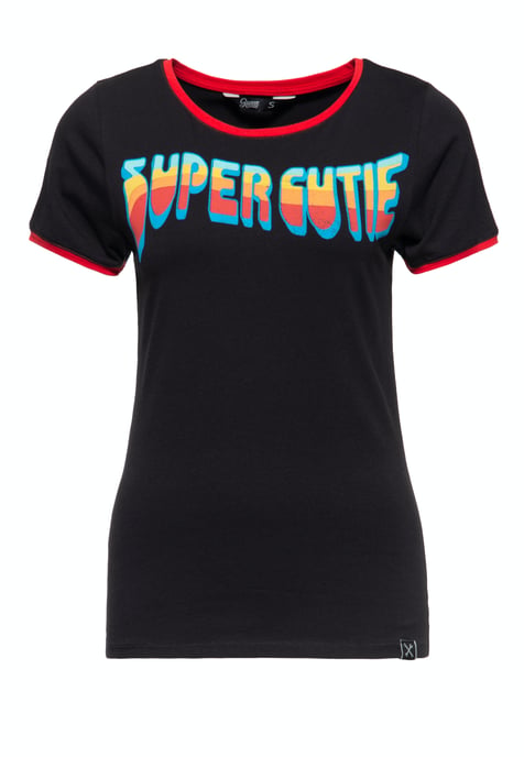 Queen Kerosin Damen Vintage Ringer T-Shirt Super Cutie schwarz - Image 1