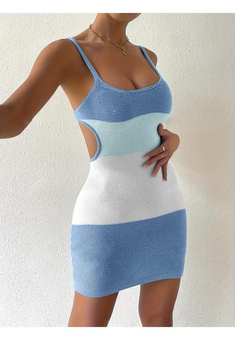 Women's Color Block Scoop Neck Cover Up Dress - Image 1