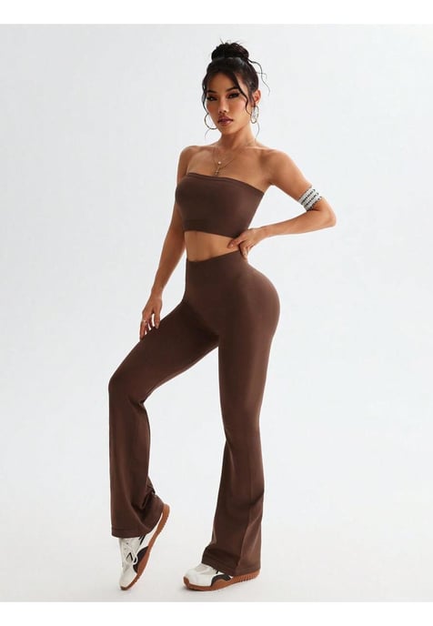 Women's Tube Top and High Waist Flare Pants Active Set - Image 1