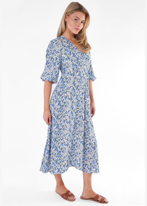 Blue Floral Print Viscose Midi Dress - Image 3