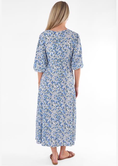 Blue Floral Print Viscose Midi Dress - Image 4