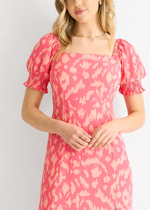 Roze Dierenprint Vierkante Hals Viscose Midi Dress - Image 2