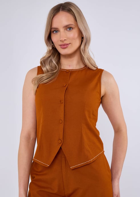 Rust Cotton Contrast Stitch Detail Waist Coat - Image 2