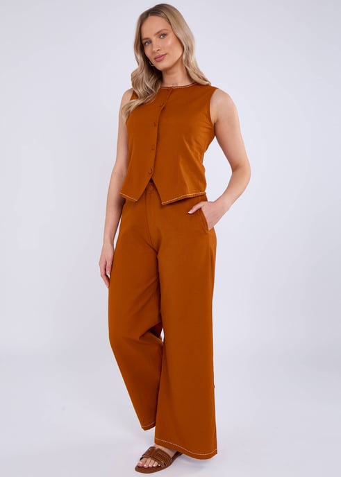 Rust Cotton Contrast Stitch Detail Waist Coat - Image 3