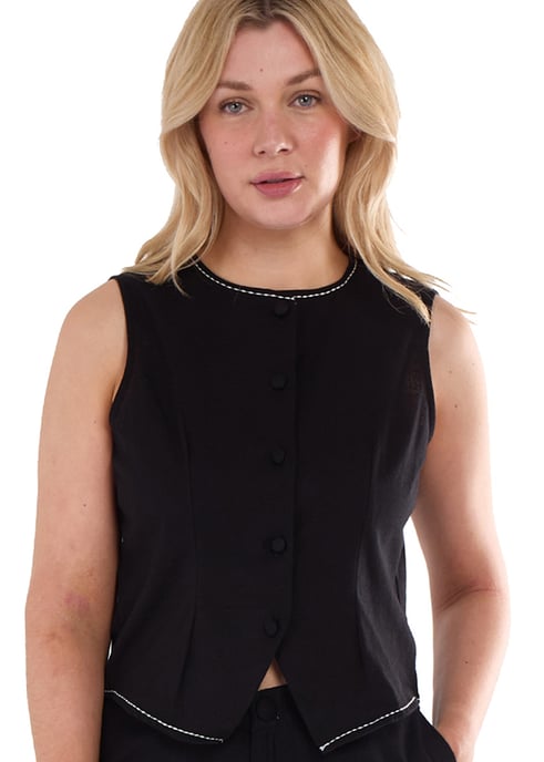 Black Cotton Contrast Stitch Detail Waist Coat - Image 2