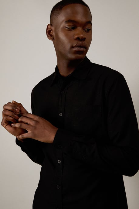 Black Linen Blend Long Sleeve Shirt - Image 2