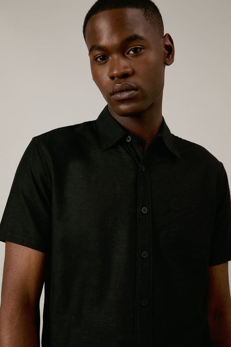 Black Linen Blend Short Sleeve Shirt - Image 4