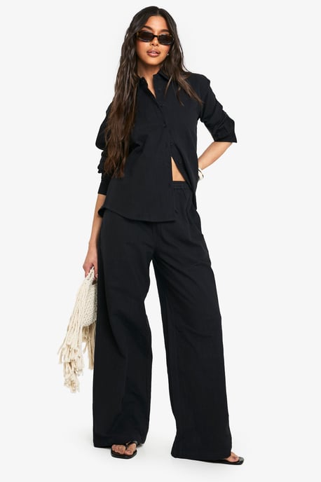 Linen Look Drawstring Wide Leg Trousers - Image 1