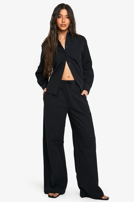 Linen Look Drawstring Wide Leg Trousers - Image 3