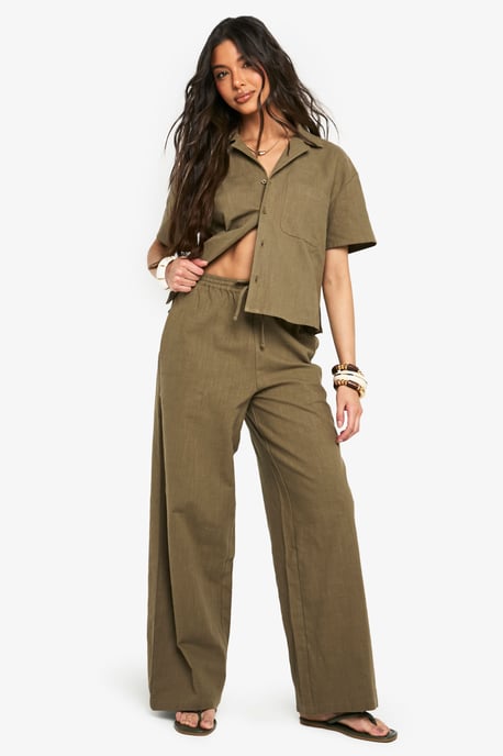 Linen Look Drawstring Wide Leg Trousers - Image 3