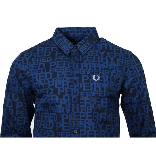 Fred Perry All-Over Logo Shaded Cobalt Long Sleeve Shirt - Image 2