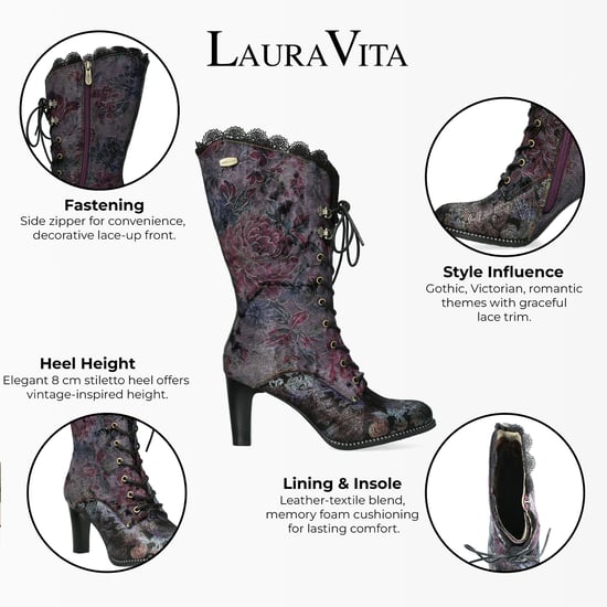 Laura Vita Alcbane 0351 Violet Floral Dames Gothic Victoriaanse Leren Laarzen met Hak - Image 2