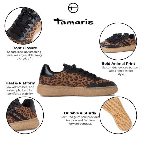 Tamaris Dames Luipaard Zwarte Leren Mode Gestreepte Veterschoenen - Image 2