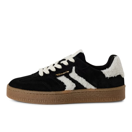 Tamaris Dam Svarta Vita Päls Mocka Läder Moderiktiga Sneakers Med Snörning - Image 4