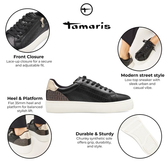 Tamaris Dames Zwart Goud Kunstleren Mode Veterschoenen - Image 2