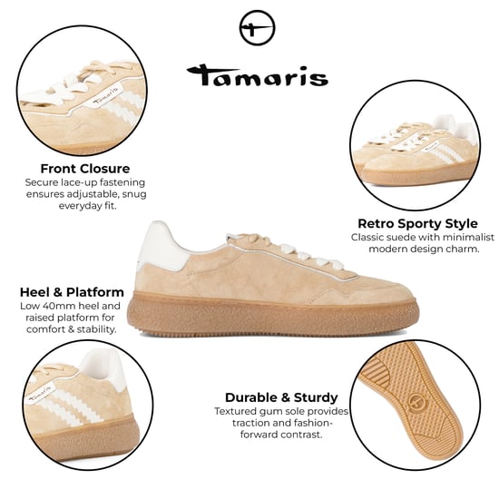 Tamaris Dames Beige Wit Leren Fashion Gestreepte Veterschoenen - Image 2