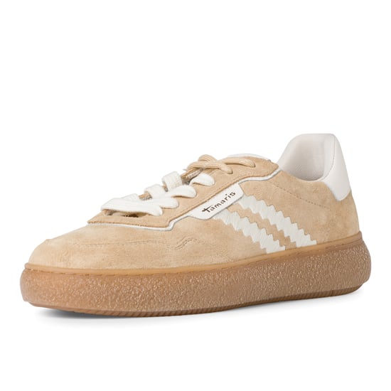 Tamaris Dames Beige Wit Leren Fashion Gestreepte Veterschoenen - Image 3