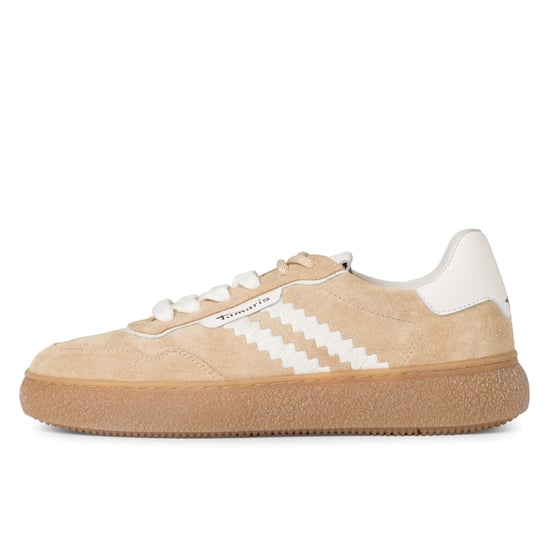 Tamaris Dames Beige Wit Leren Fashion Gestreepte Veterschoenen - Image 4