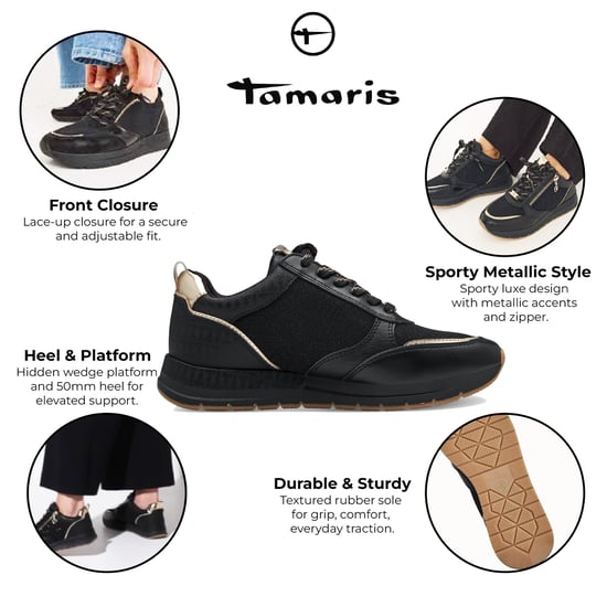 Tamaris Womens Black Gold Fashion Lace-up Zipped Sneakers Trainers - Image 2