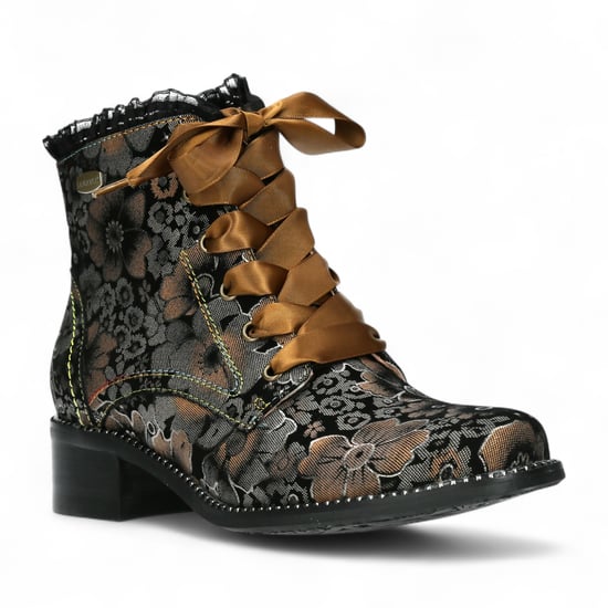 Laura Vita Emcmao-45 Bruine bloemenprint dameslaarzen met gothic victoriaanse leren enkellaarsjes met hak - Image 3