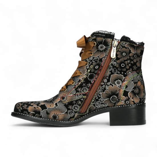 Laura Vita Emcmao-45 Bruine bloemenprint dameslaarzen met gothic victoriaanse leren enkellaarsjes met hak - Image 4