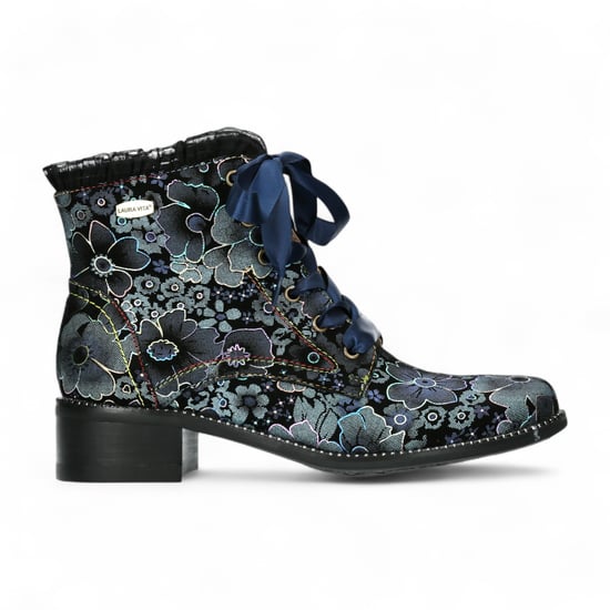 Laura Vita Emcmao-45 Blauwe bloemen dames gotische Victoriaanse leren enkellaarsjes met hak - Image 1