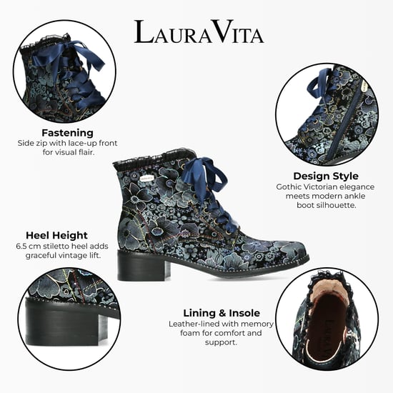 Laura Vita Emcmao-45 Blauwe bloemen dames gotische Victoriaanse leren enkellaarsjes met hak - Image 2