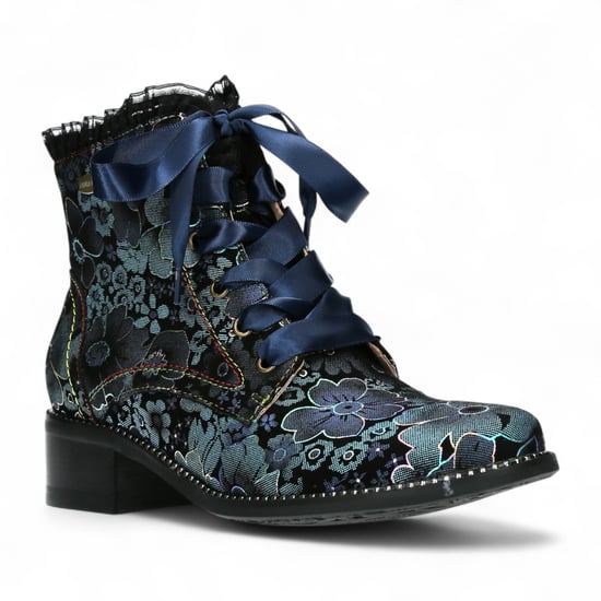 Laura Vita Emcmao-45 Blauwe bloemen dames gotische Victoriaanse leren enkellaarsjes met hak - Image 3