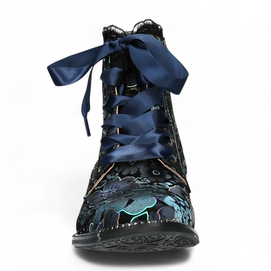 Laura Vita Emcmao-45 Blauwe bloemen dames gotische Victoriaanse leren enkellaarsjes met hak - Image 5