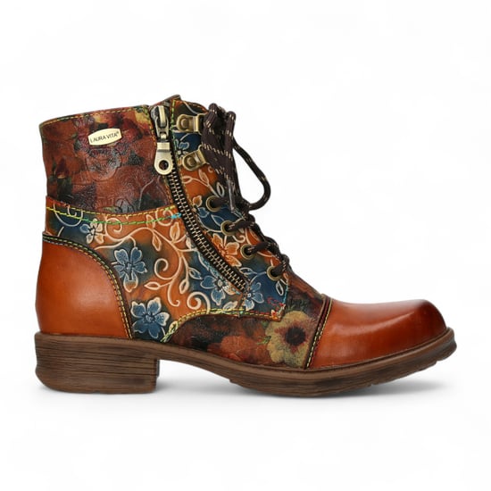 Laura Vita Anita 006 Camel Brown Floral Dames Gothic Victoriaanse Leren Enkellaarsjes - Image 1