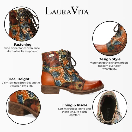 Laura Vita Anita 006 Camel Brown Floral Dames Gothic Victoriaanse Leren Enkellaarsjes - Image 2