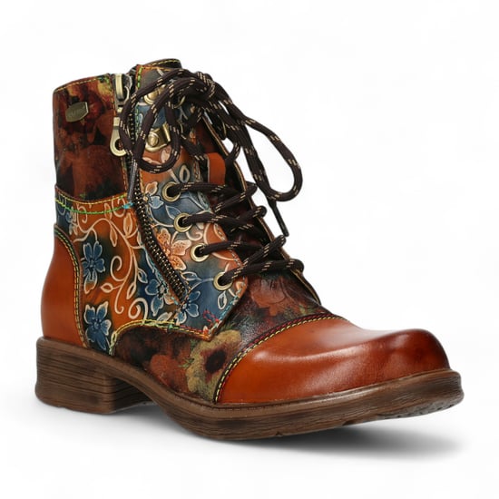 Laura Vita Anita 006 Camel Brown Floral Dames Gothic Victoriaanse Leren Enkellaarsjes - Image 3