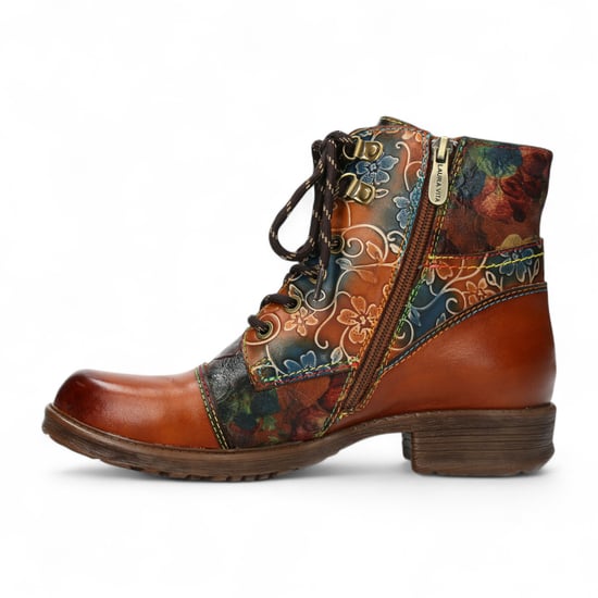 Laura Vita Anita 006 Camel Brown Floral Dames Gothic Victoriaanse Leren Enkellaarsjes - Image 5