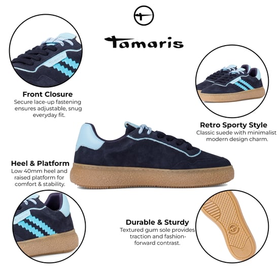 Tamaris Dames Marineblauwe Leren Fashion Stripe Veterschoenen - Image 2